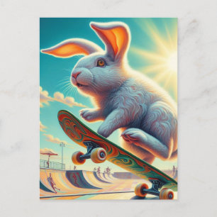 Postal Skateboarding Bunny Surreal Colorful y Diversión