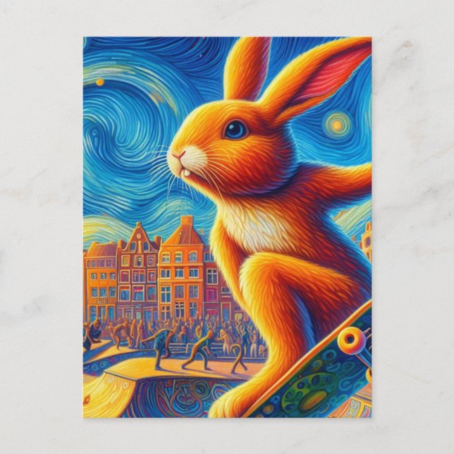 Postal Skateboarding Bunny Surreal Colorful y Diversión (Anverso)