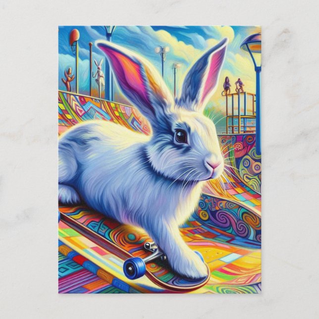 Postal Skateboarding Bunny Surreal Colorful y Fun (Anverso)