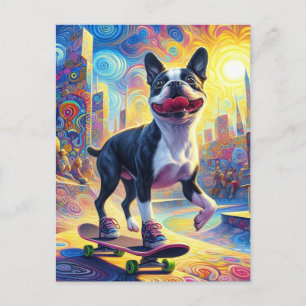Postal Skateboarding Colorful Surreal Boston Terrier