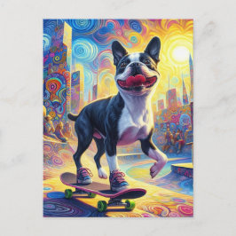 Postal Skateboarding Colorful Surreal Boston Terrier