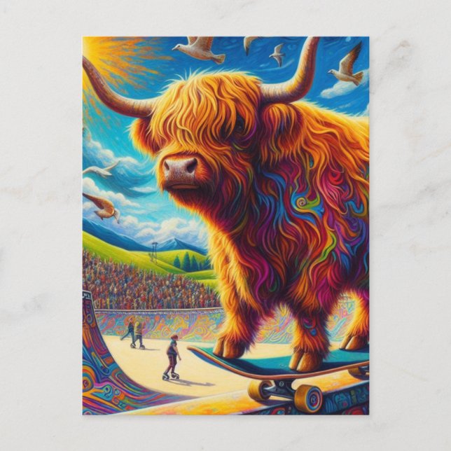 Postal Skateboarding Highland Cow Colorful Surreal (Anverso)