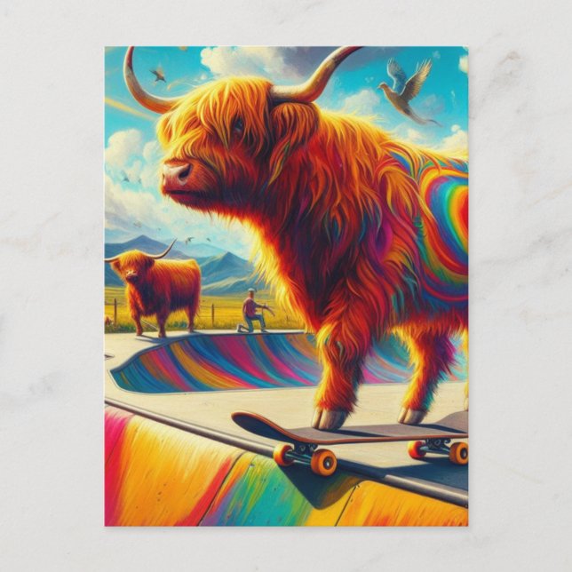Postal Skateboarding Highland Cow Colorida y divertida (Anverso)