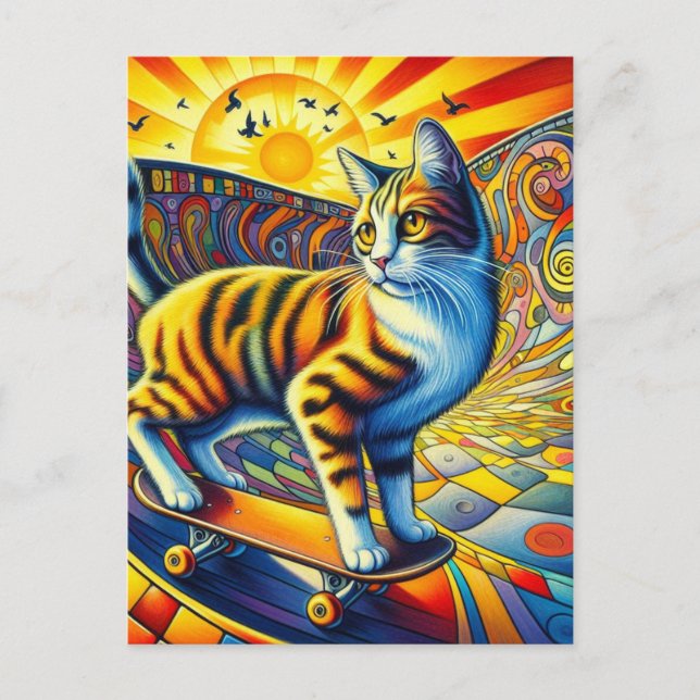 Postal Skateboarding Kitty Surreal Colorous y Diversión (Anverso)