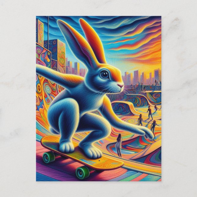 Postal Skateboarding Rabbit Colorful Surreal (Anverso)