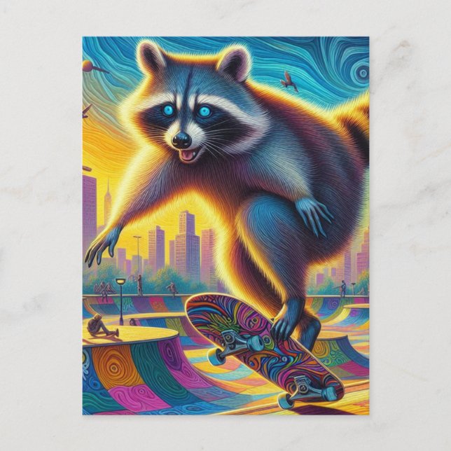Postal Skateboarding Raccoon Adorable Surrealista (Anverso)