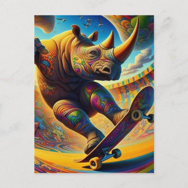 Postal Skateboarding Rinoceronte Adorable Surrealista (Anverso)