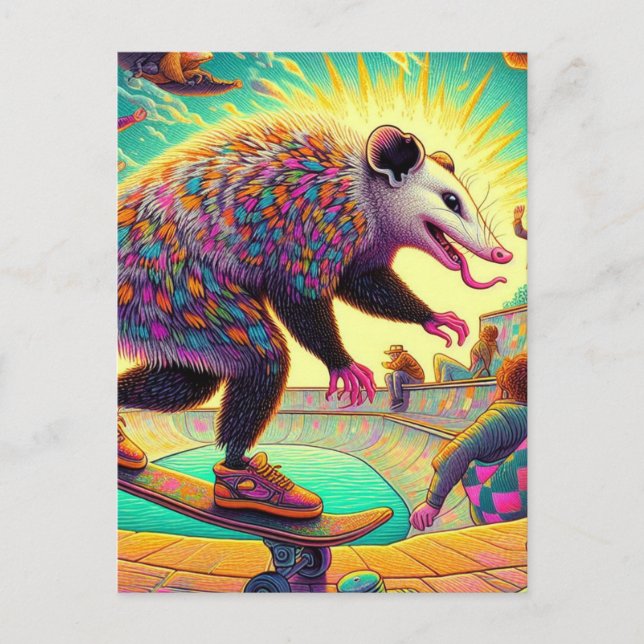 Postal Skateboarding Surreal Adorable Opossum Postcard (Anverso)