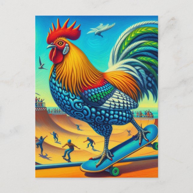 Postal Skateboarding Surreal Colorful and Fun Rooster (Anverso)