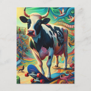 Postal Skateboarding Surreal Colorful Holstein Cow