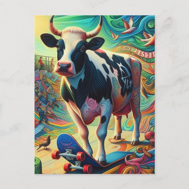 Postal Skateboarding Surreal Colorful Holstein Cow (Anverso)