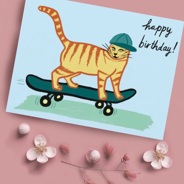 Postal Skateboarding Tabby Cat FELIZ CUMPLEAÑOS (Cute skateboarding tabby cat drawing on this custom birthday postcard -add your own text)