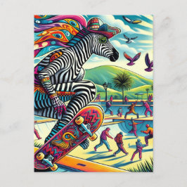 Postal Skateboarding Zebra Colorida y divertida