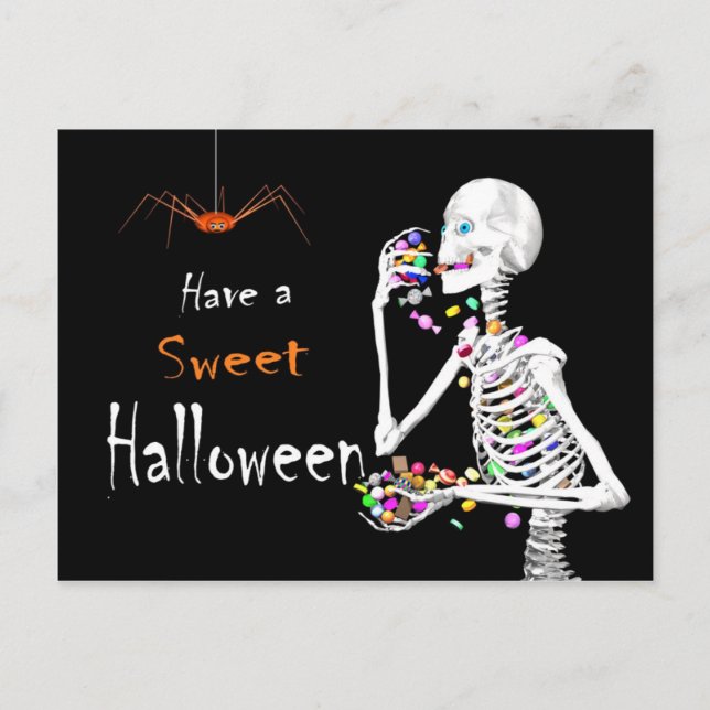 Postal Skeleton comiendo dulces de Halloween (con araña) (Anverso)