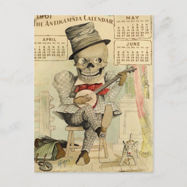 Postal SKELETON Dude, Gótico, Banjo Player, Calendario de (Anverso)