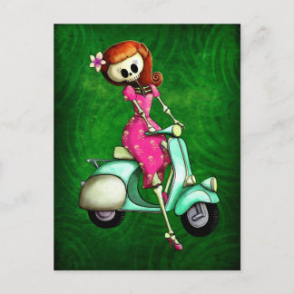 Postal Skeleton Pin Up Chica en Scooter