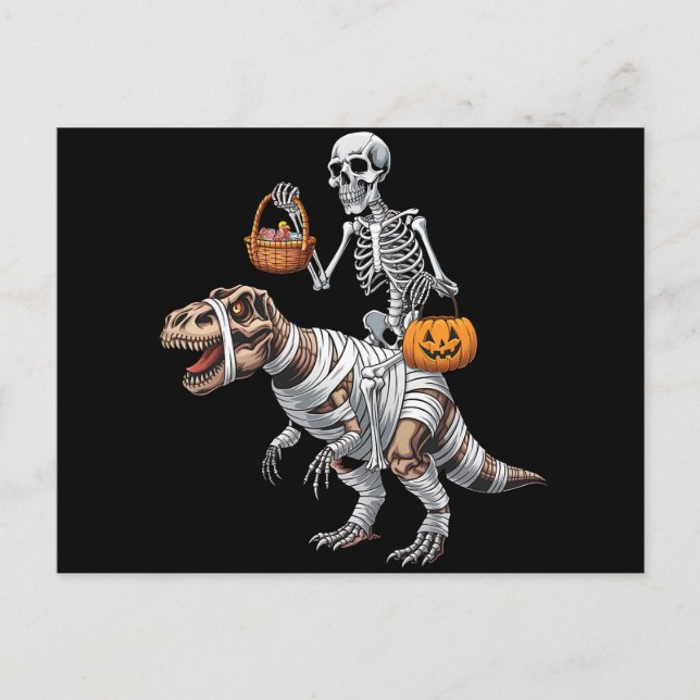 Postal Skeleton Riding Mummy Dinosaur T rex Halloween Div (Anverso)