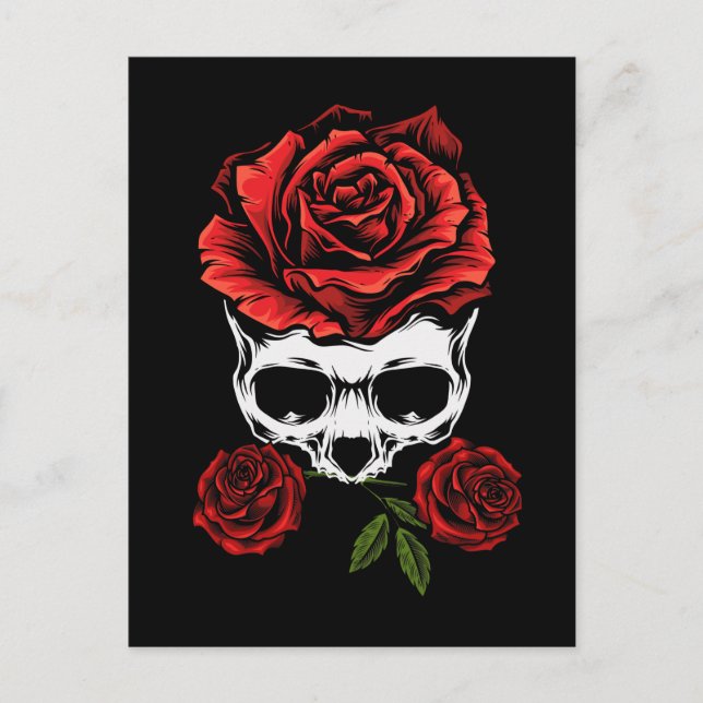 Postal Skeleton Skull con Rosas Romántica muerte floral (Anverso)