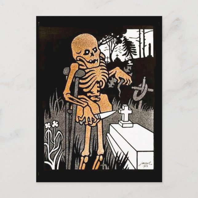 Postal Skeleton Tending the Grave postcard (Anverso)