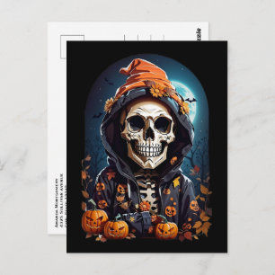 Postal Skeleton y calabazas otoñales Halloween