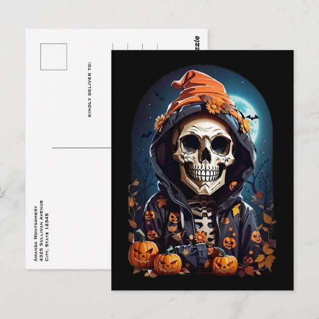 Postal Skeleton y calabazas otoñales Halloween (Anverso / Reverso)