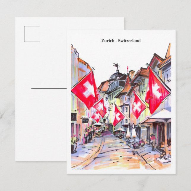 Postal Sketch cozy street Zurich Switzerland (Anverso / Reverso)