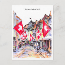 Postal Sketch cozy street Zurich Switzerland