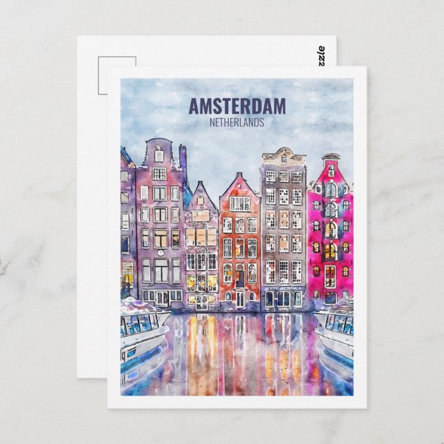 Postal Sketch de acuarela de viajes de Ámsterdam (Anverso / Reverso)