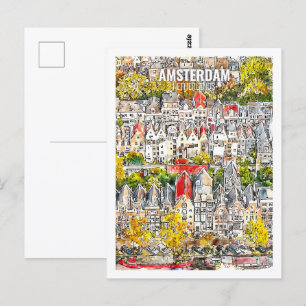 Postal Sketch de acuarela de viajes de Ámsterdam