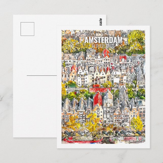 Postal Sketch de acuarela de viajes de Ámsterdam (Anverso / Reverso)