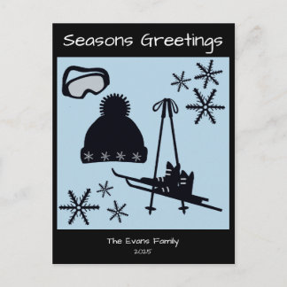 Postal Skis, hat, goggles & snowflakes holiday