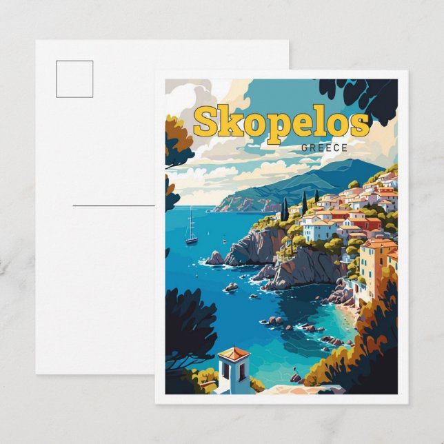 Postal Skopelos Grecia Viaje al Ilustracion Vintage (Anverso / Reverso)
