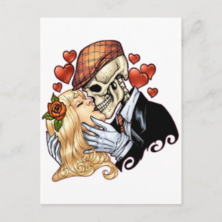 Postal Skull Kiss con corazones y Rosas de Al Rio