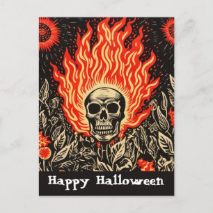 Postal Skull on Fire Linocut Art Happy Halloween