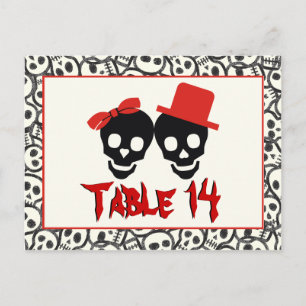 Postal Skulls Halloween rojo boda número de tabla