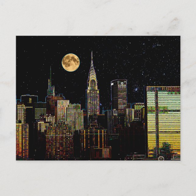 Postal Skyline De Nueva York De Noche Con Luna Llena (Anverso)