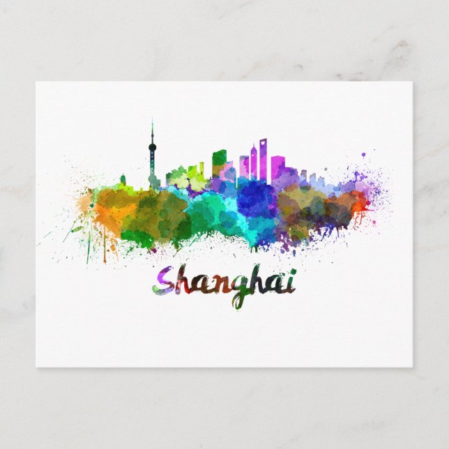Postal Skyline de Shanghai en acuarela (Anverso)