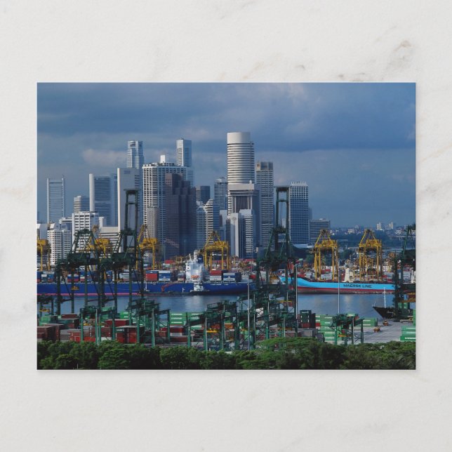 Postal Skyline de Singapur con puerto de contenedores de  (Anverso)