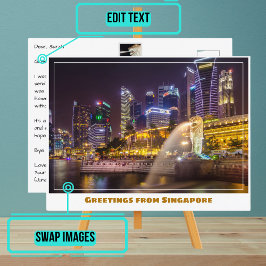 Postal Skyline de Singapur de noche con el Merlion