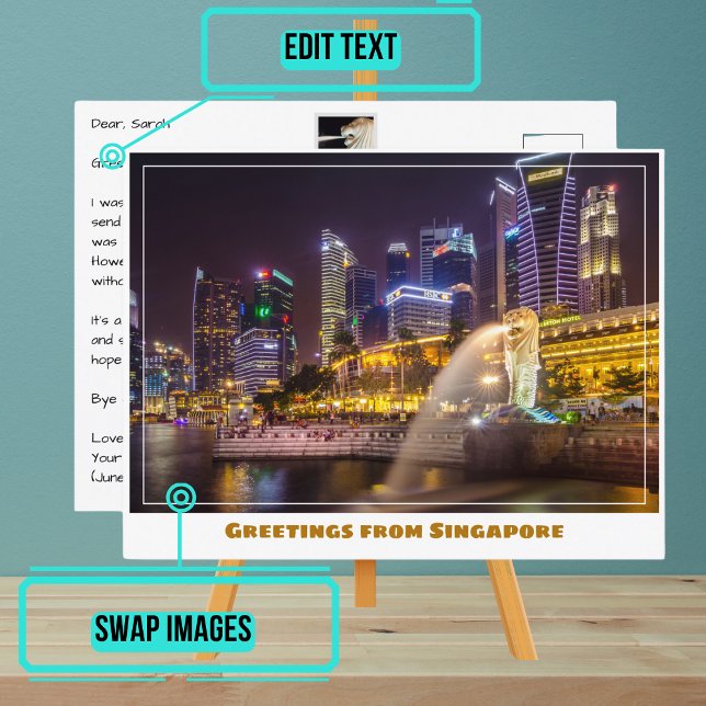 Postal Skyline de Singapur de noche con el Merlion (Please enjoy our postcard and see the others in the collection.)