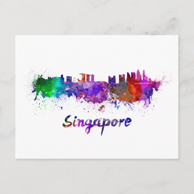 Postal Skyline de Singapur en acuarela (Anverso)