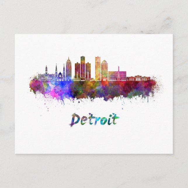 Postal Skyline Detroit en acuarela (Anverso)