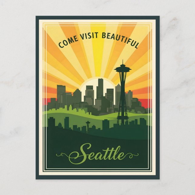 Postal Skyline Retro Seattle con aguja espacial al atarde (Anverso)