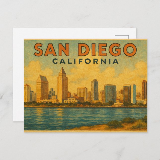 Postal Skyline vintage de San Diego (Anverso / Reverso)