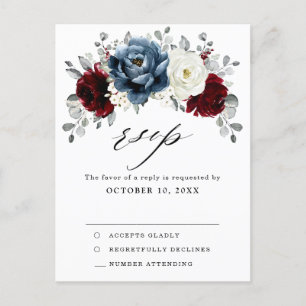 Postal Slate Blue Burgundy White Ivory Boho Wedding RSVP