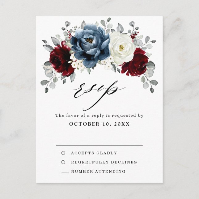 Postal Slate Blue Burgundy White Ivory Boho Wedding RSVP (Anverso)