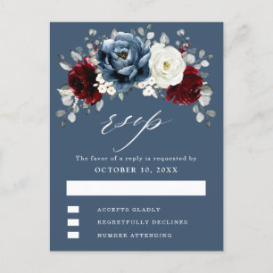Postal Slate Blue Burgundy White Ivory Boho Wedding RSVP