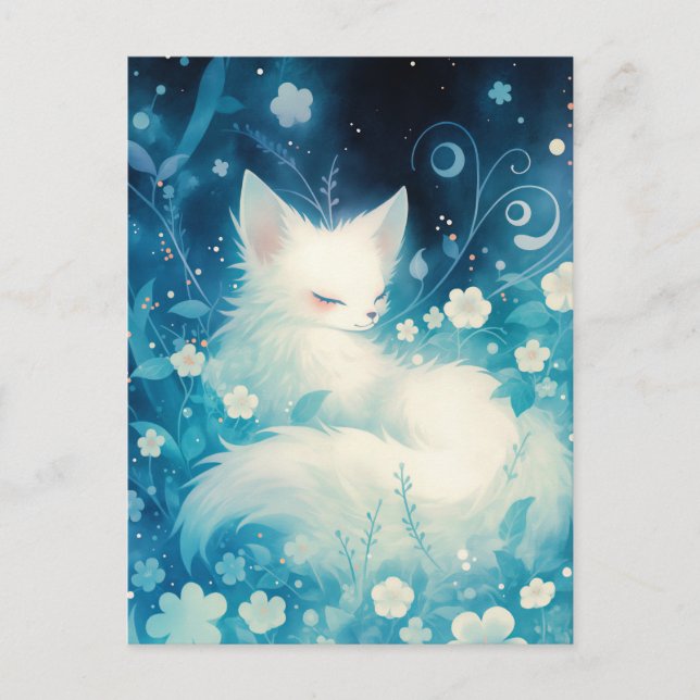 Postal Sleeping White Fox in Blue Midnight Garden (Anverso)