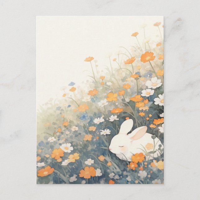 Postal Sleeping White Rabbit in Orange Meadow (Anverso)