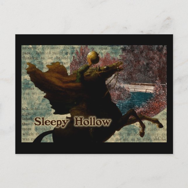 Postal Sleepy Hollow Horseman sin cabeza con calabaza (Anverso)